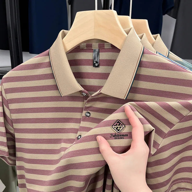 Men's striped short sleeve casual shirt with mosaic pattern in polyester fibre
