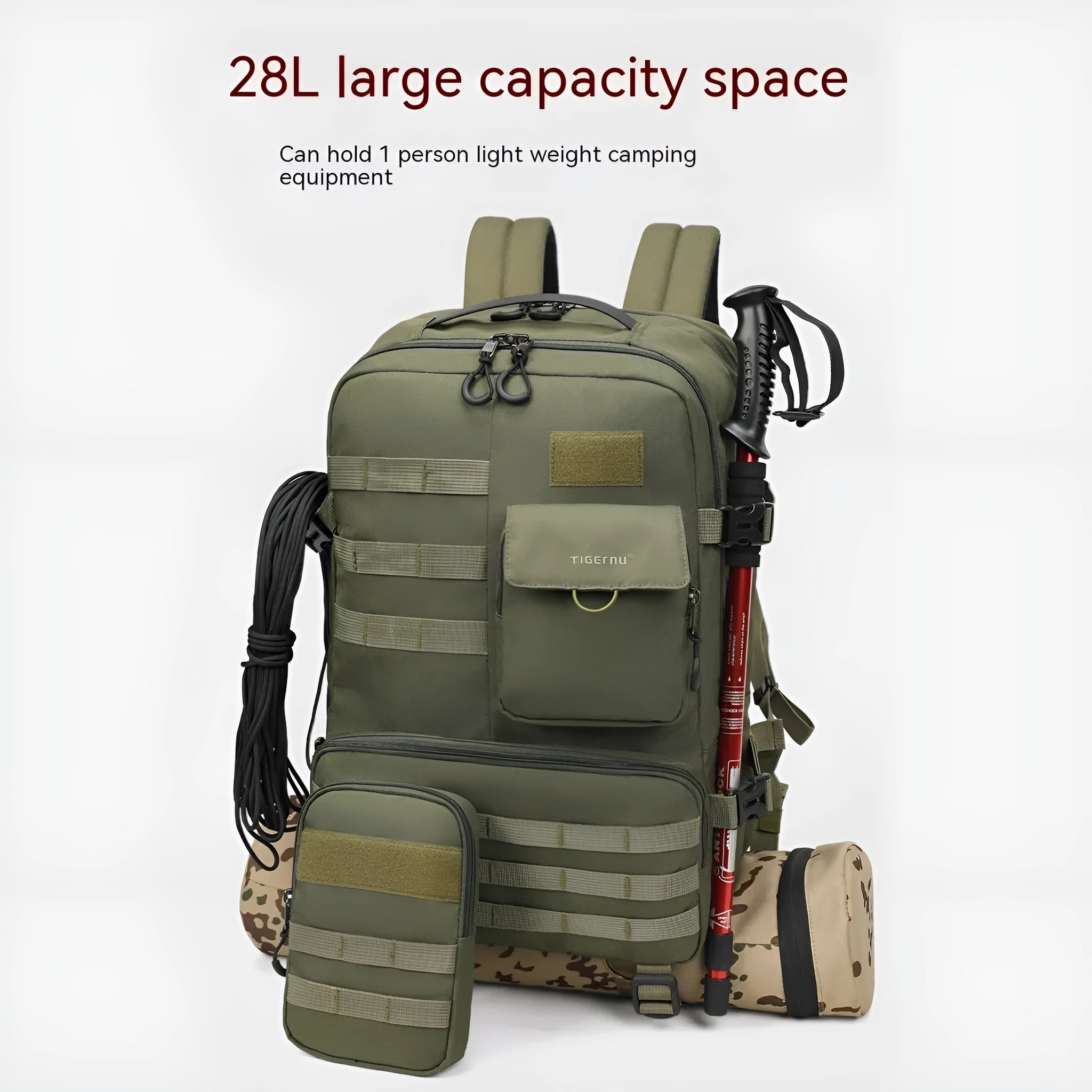 Army Green tactical backpack with 17-inch size and 20-35L capacity for outdoor use