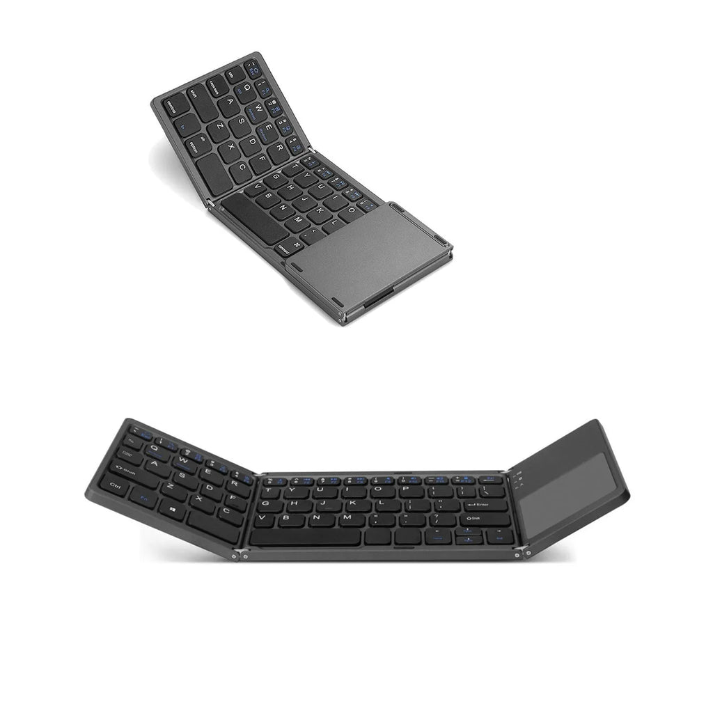 Portable tri-fold Bluetooth keyboard in black or silver with compact folded design