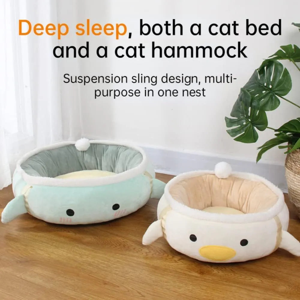 Green dinosaur-shaped cat bed shown both flat as a sofa and hanging as a hammock for small pets.