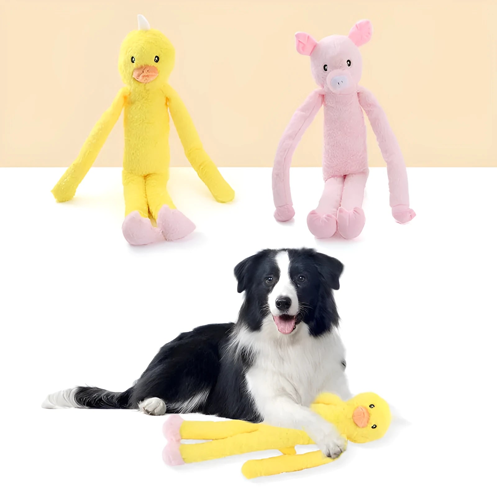 Large pink and yellow plush dog toy with squeaker and rattle paper for golden retriever chewing