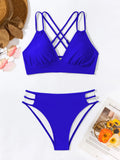 Ladies' black V-neck halter bikini swimsuit with adjustable ties and matching briefs.
