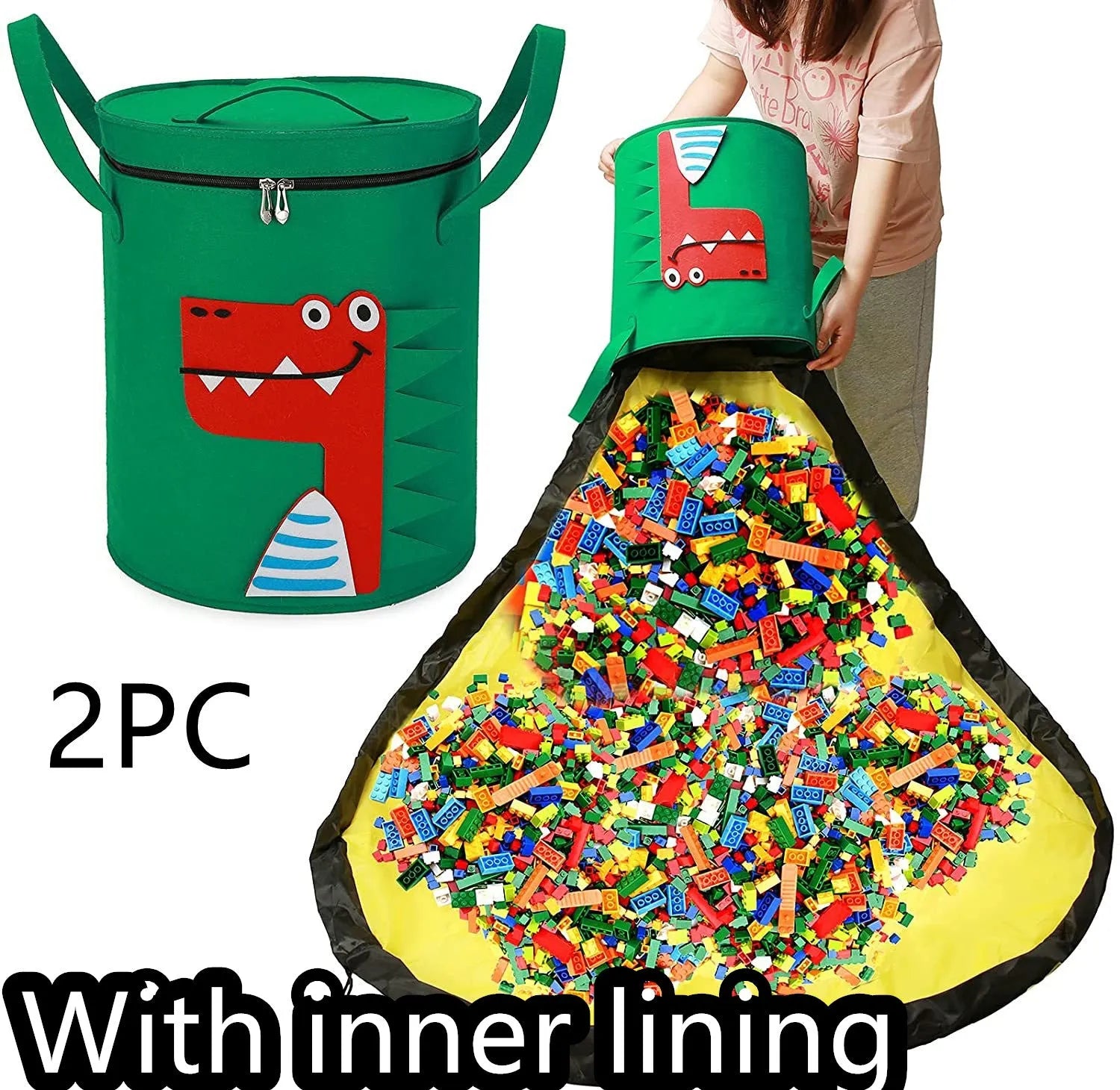 Green felt cube storage bag with pull rope that converts into a flat play mat for toys.