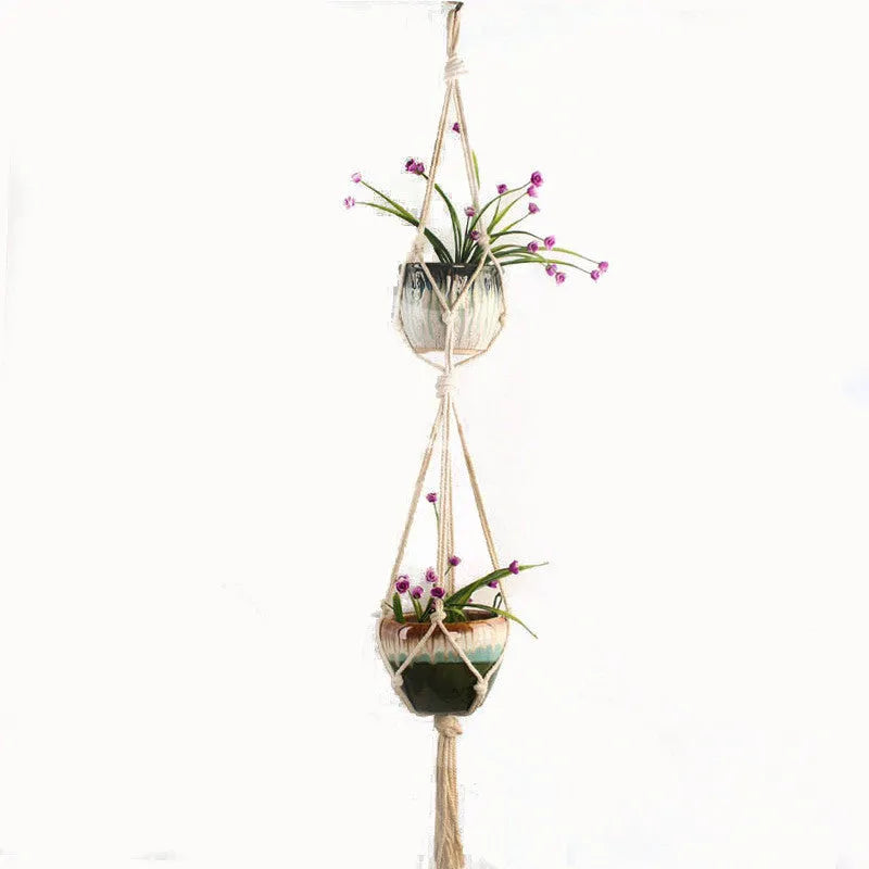 Cotton rope woven wire basket planter shown in desktop, wall hanging, and hanging configurations