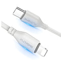 White nylon-braided USB-C to Lightning cable showing connectors and 1 metre length