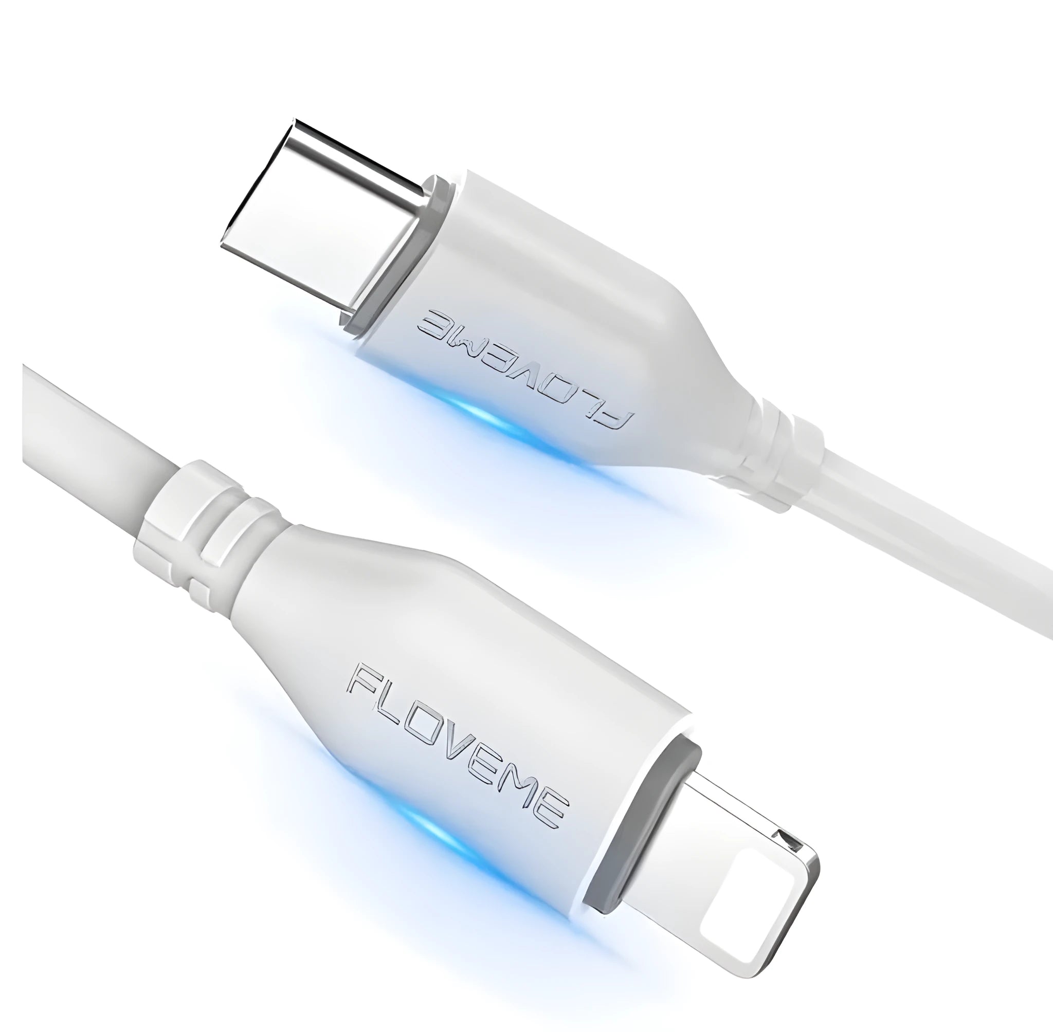 White nylon-braided USB-C to Lightning cable showing connectors and 1 metre length