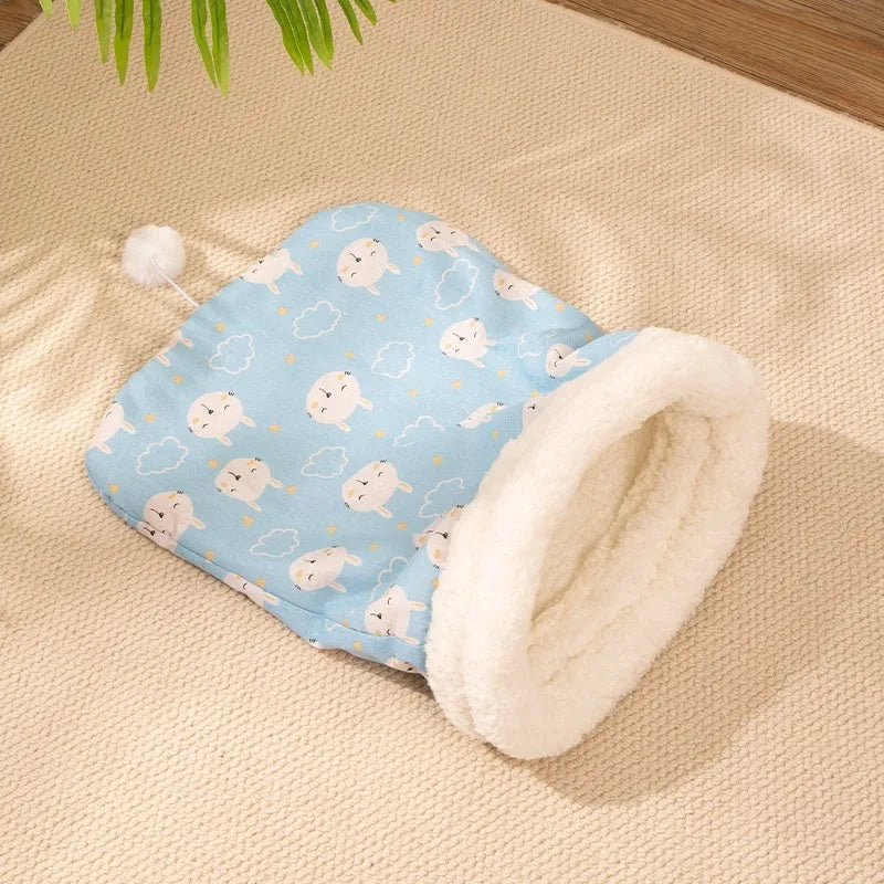 Cat sleeping bag nest measuring 50x40cm with flannel fabric in blue rabbit design