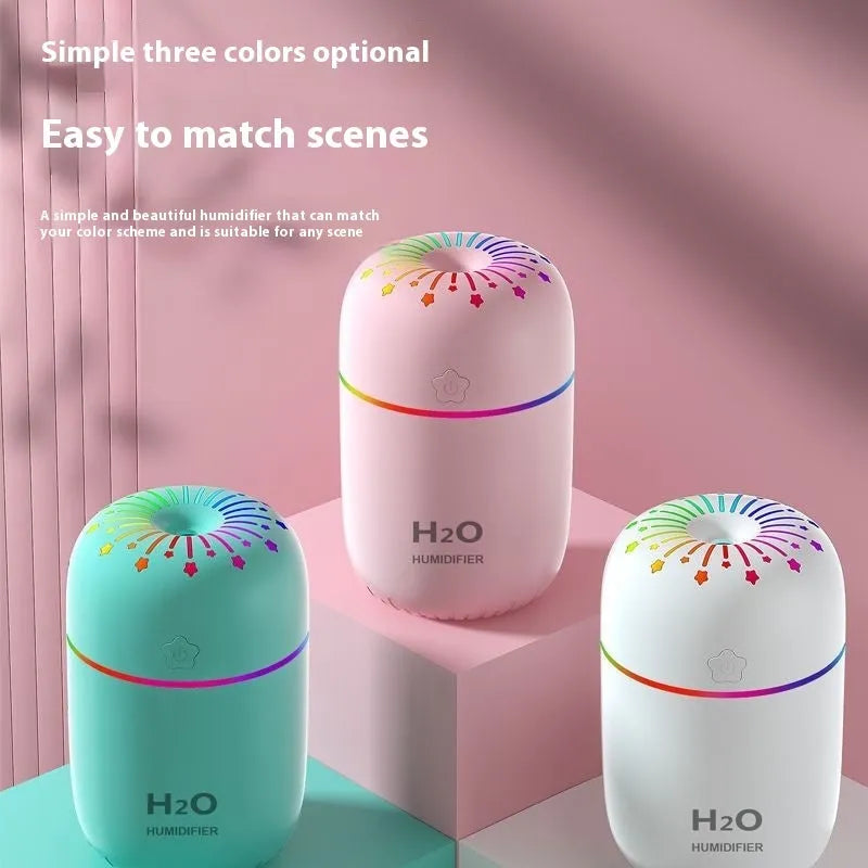 White USB mini humidifier with 300ml tank measuring 75x75x116mm
