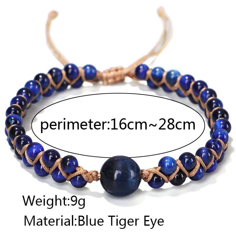 Handwoven geometric pull bracelet with blue tiger eye stone beads.