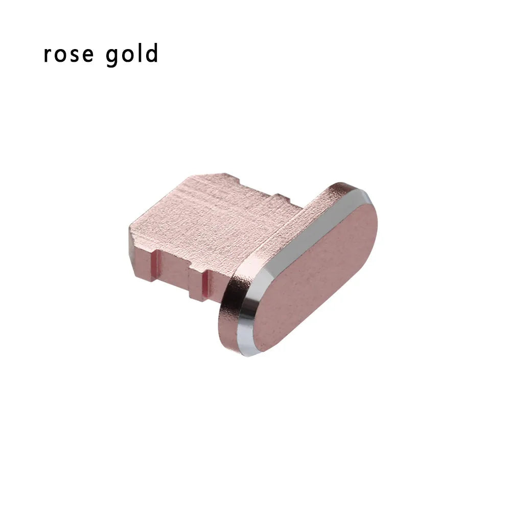 Aluminium alloy iPhone charging port dust plug in gold, silver, blue, red, grey, black, and rose gold colours.