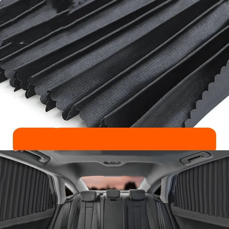 Retractable car sun curtain shown in extended position with roller shutter mechanism
