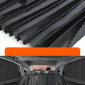 Retractable car sun curtain shown in extended position with roller shutter mechanism