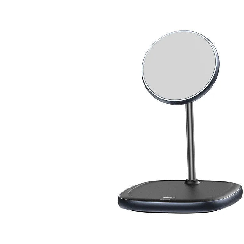 Black magnetic wireless charging stand for iPhone 12 with Type-C cable on a desk