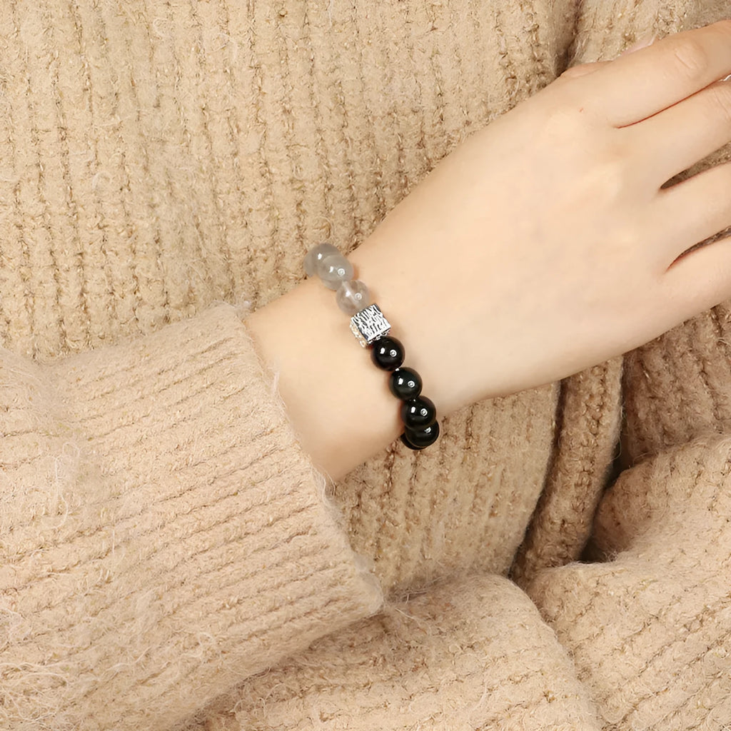 Khaki polished crystal couple bracelet set with 10mm geometric beads in Chinese style