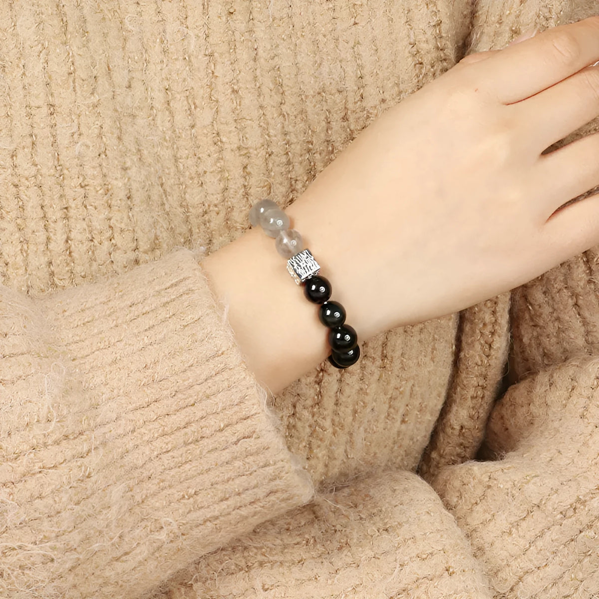Khaki polished crystal couple bracelet set with 10mm geometric beads in Chinese style