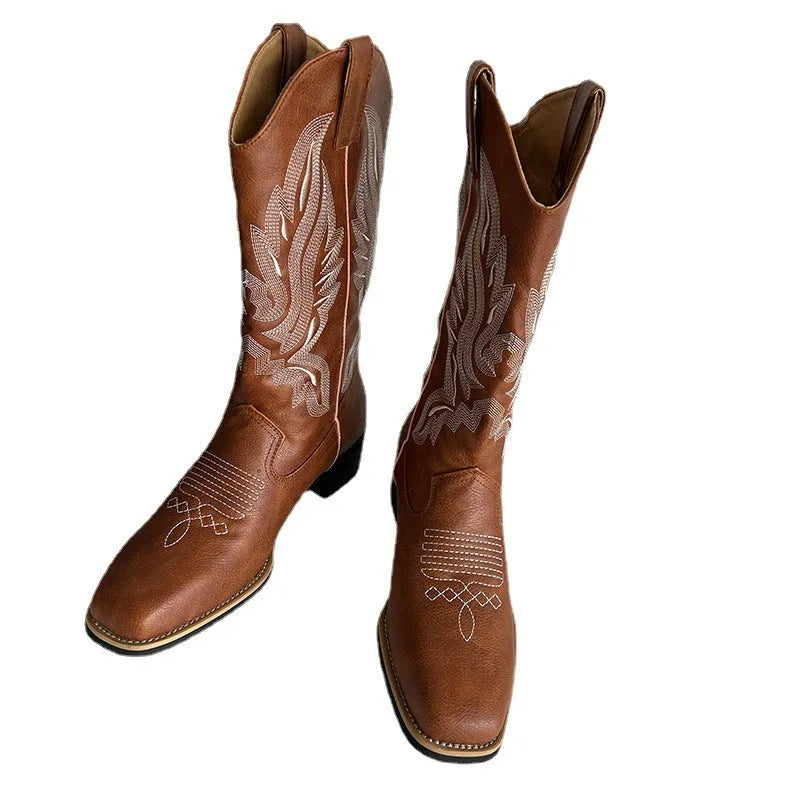Brown women's embroidered mid-calf Martin boots with leather lining and square heel