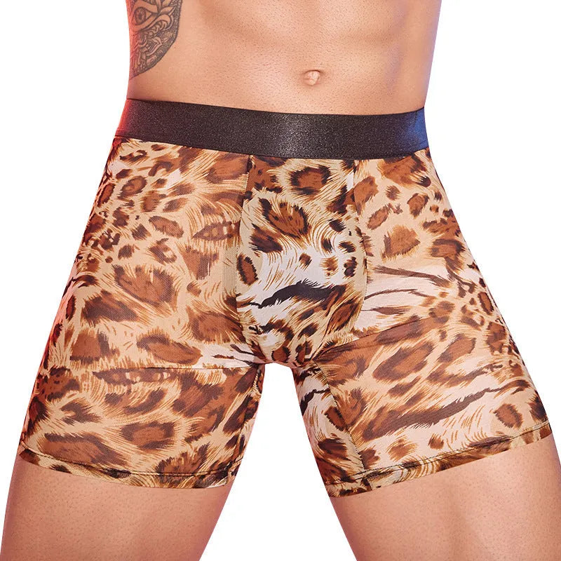 Men's leopard print boxer shorts in nylon fabric with elastic waistband