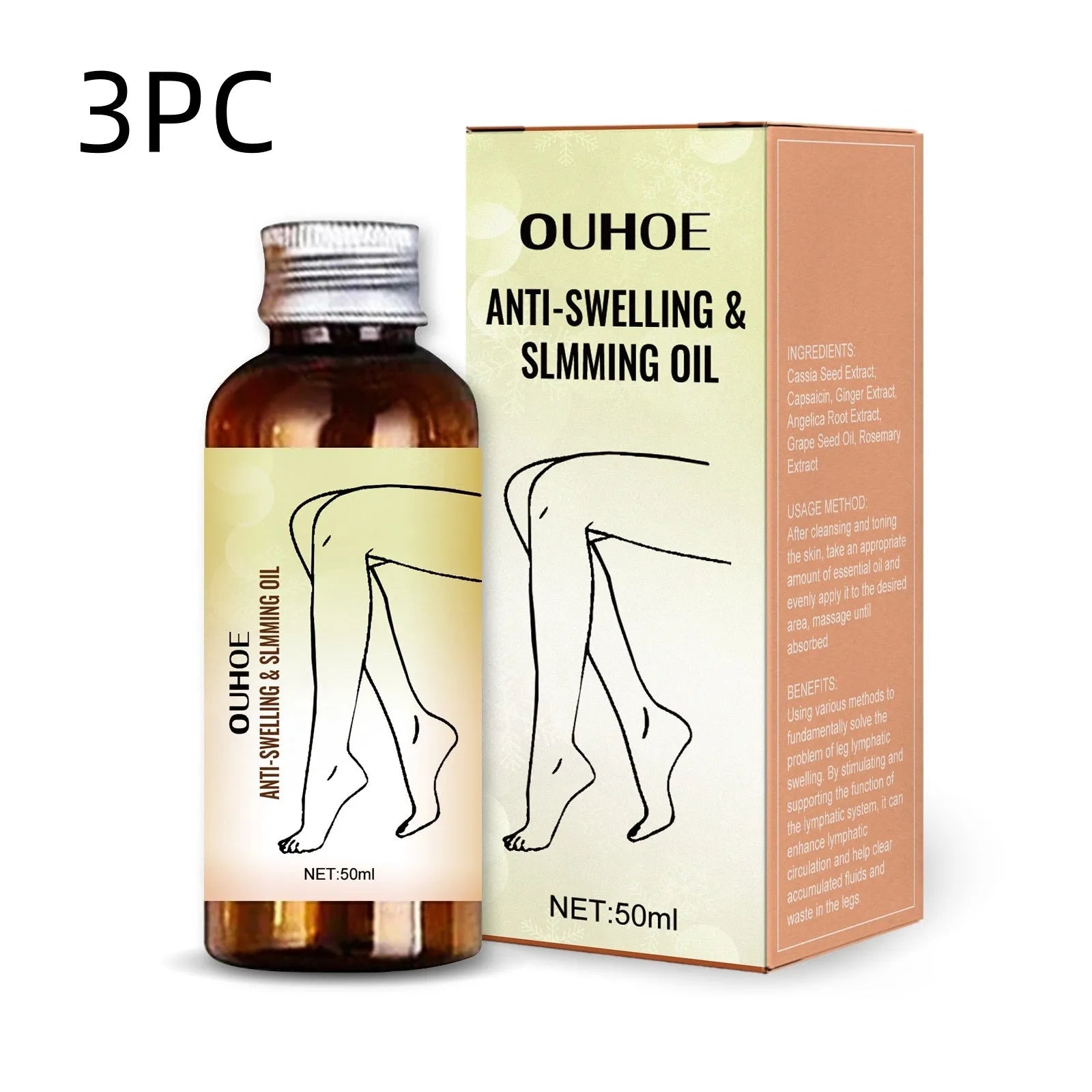 50ml bottle of essential oil for body moisturising and leg massage with natural extracts
