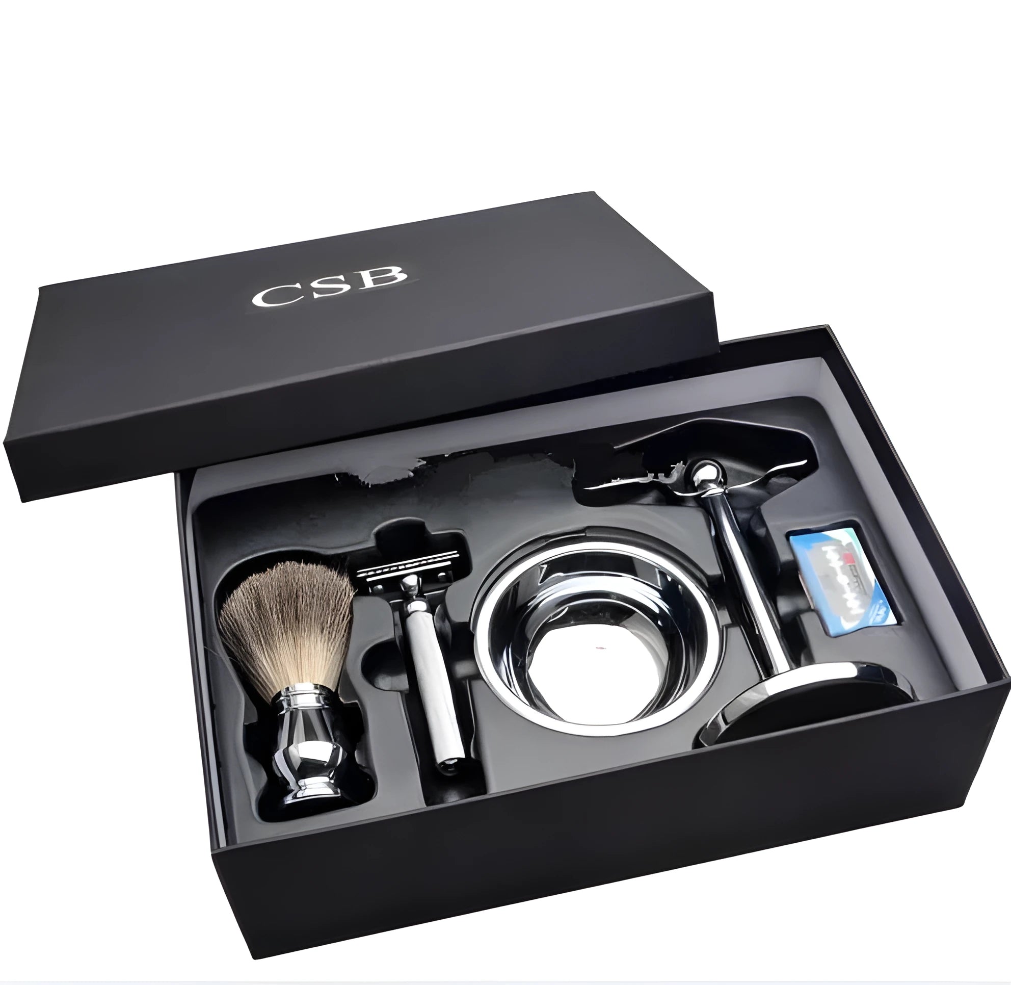 CSB men's shaving set with double edge razor, badger hair brush, chrome stand, and zinc alloy soap bowl