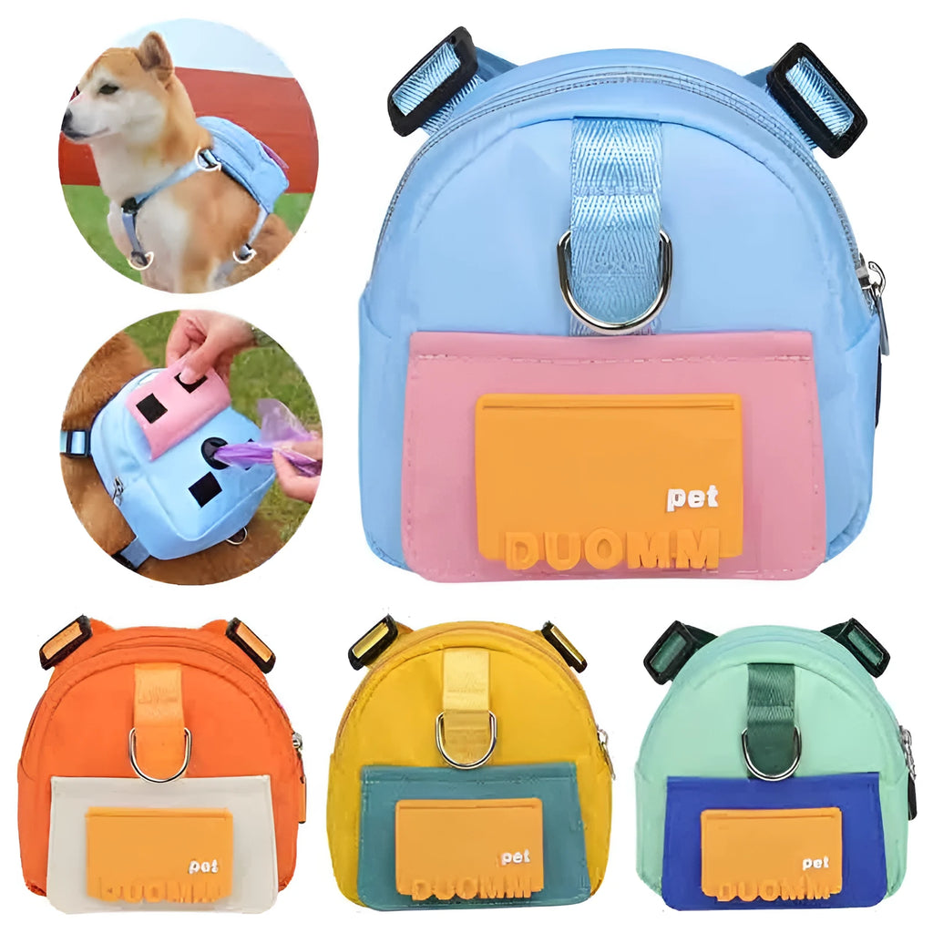 Blue adjustable dog backpack with harness and storage compartments for travel