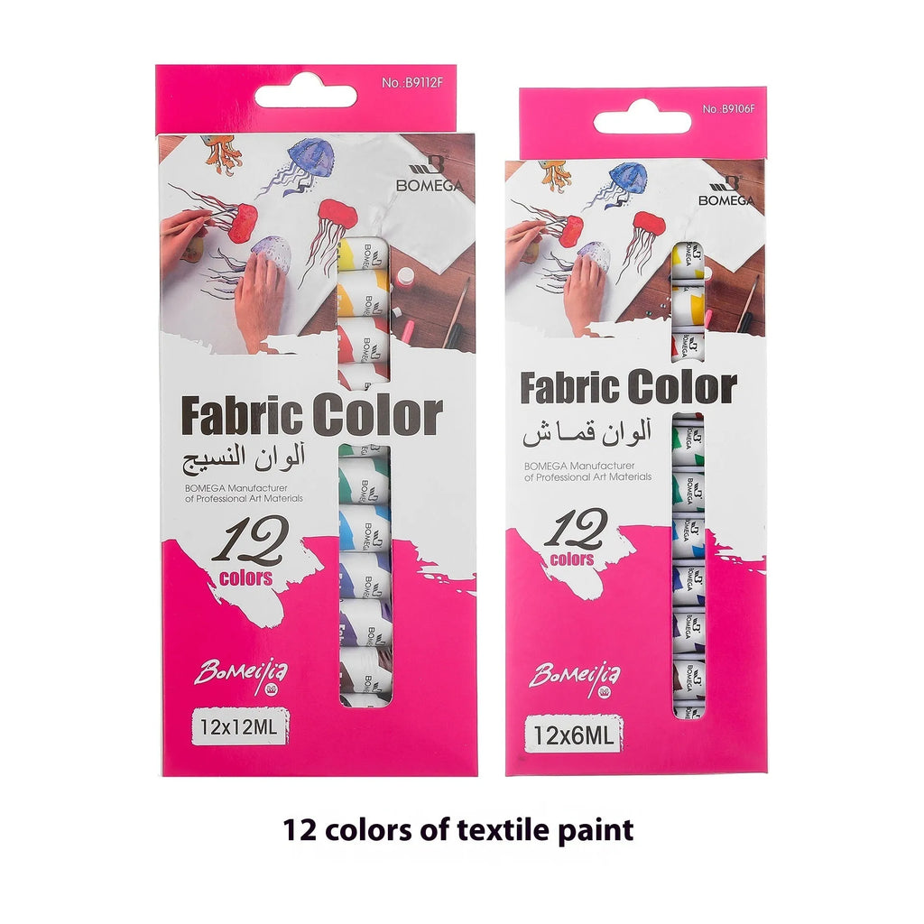 Set of artist paint tubes in a box, showing labels for acrylic, gouache, watercolour, and oil painting 12-colour kits.