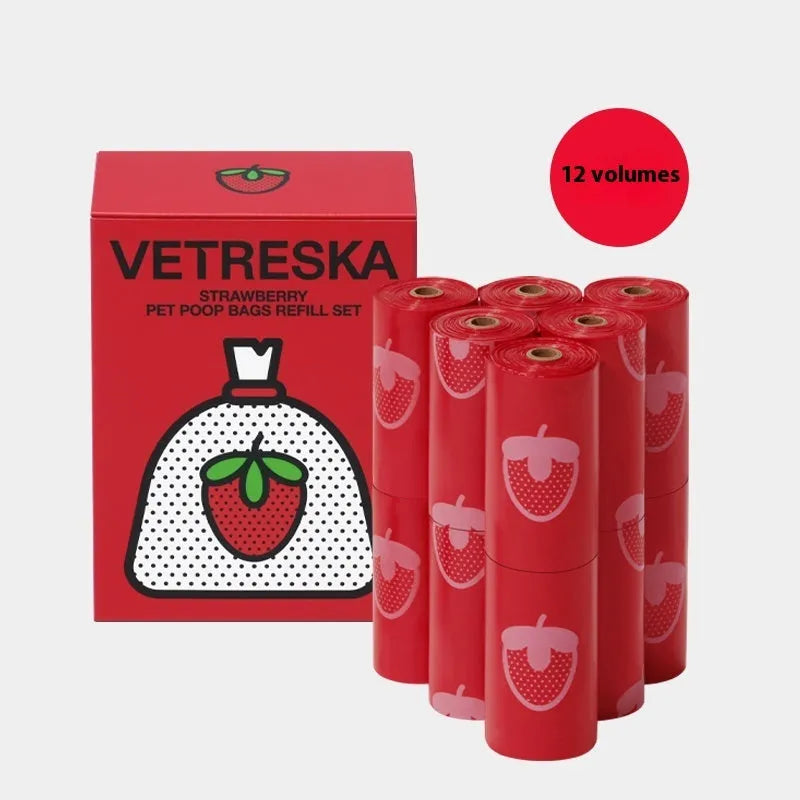 Dog waste disposal capsule with biodegradable bags in strawberry, orange, and cherry blossom colour options