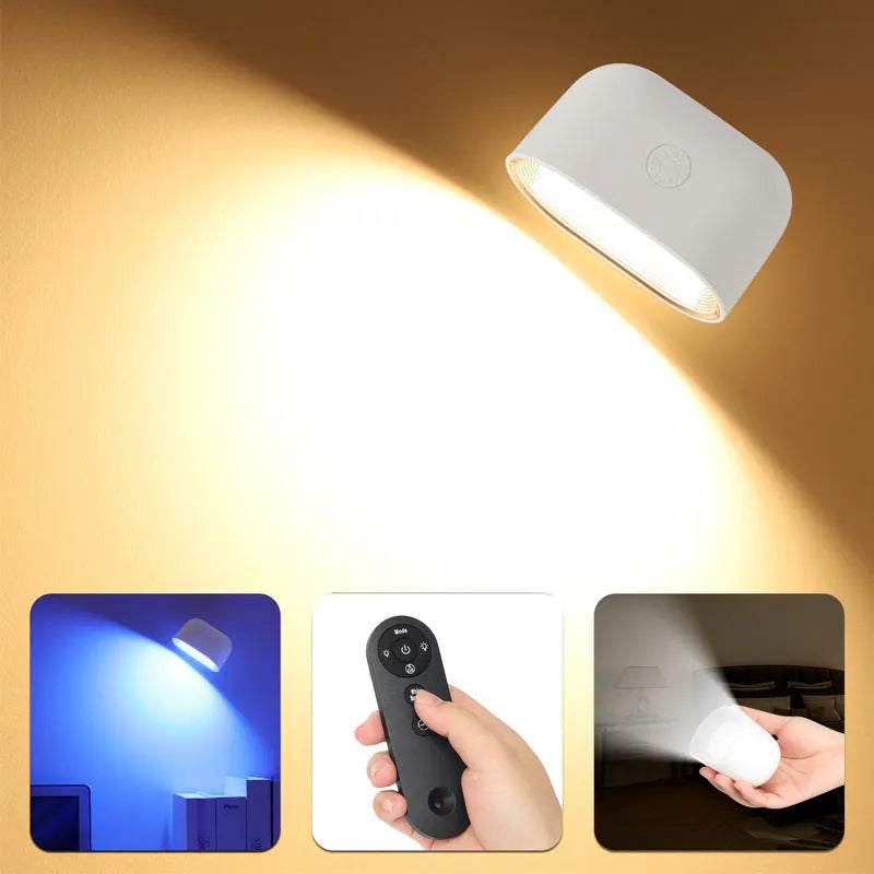 White oval magnetic wall lamp with remote control showing 360-degree rotation and colour changing LED lights