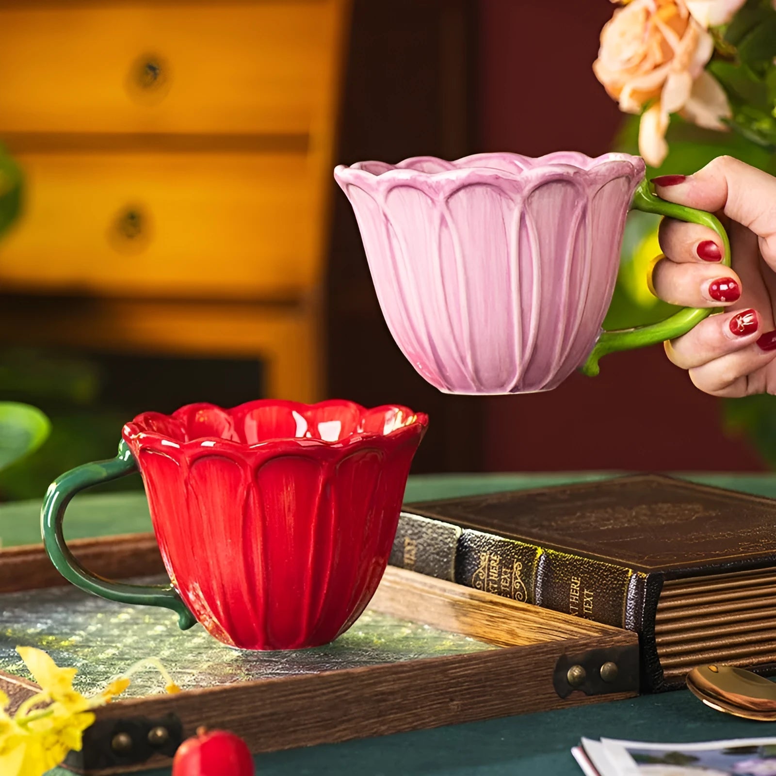 Ceramic breakfast cup with floral pastoral design showing red and purple colour options