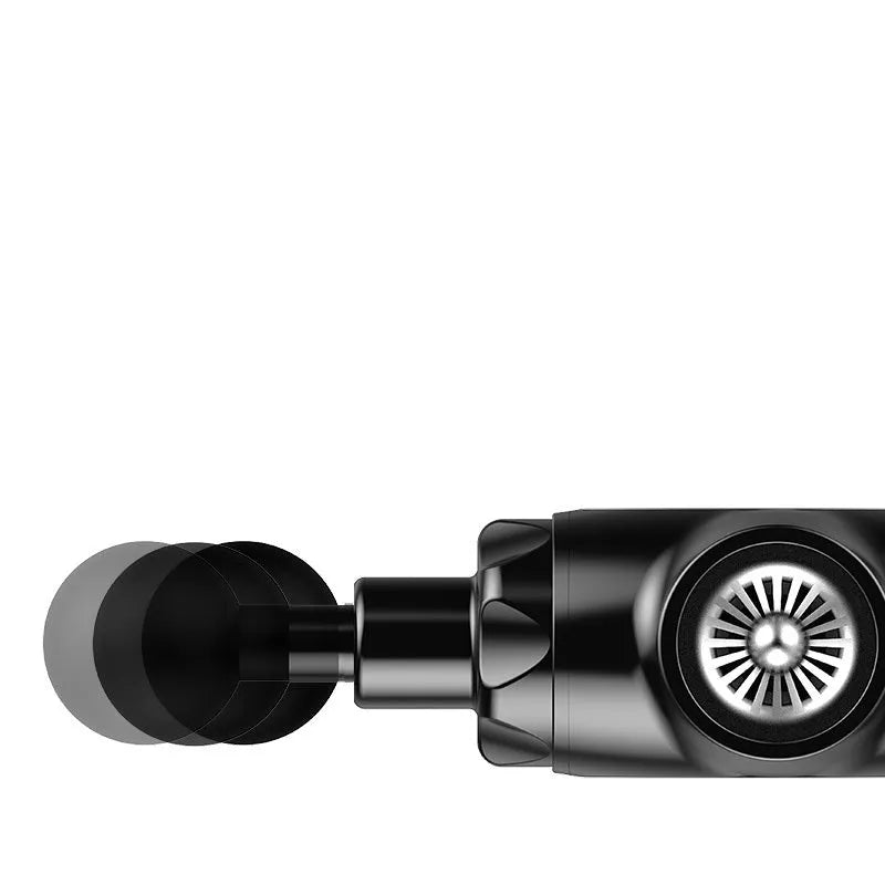 Black and white percussion muscle massager with adjustable speed control and 12mm stroke depth