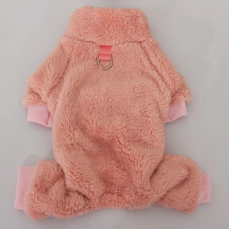 Double-sided thick plush dog clothes with high collar and towing ring in khaki colour