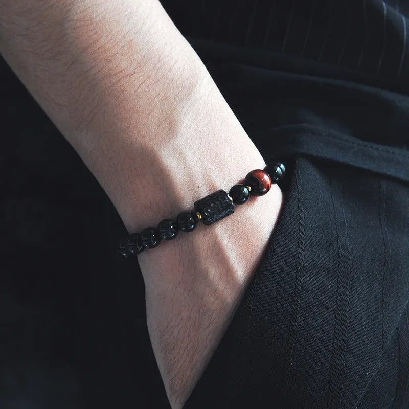 Men's obsidian crystal bracelet in Korean style, red or yellow tiger eye, 8mm 10mm 12mm beads