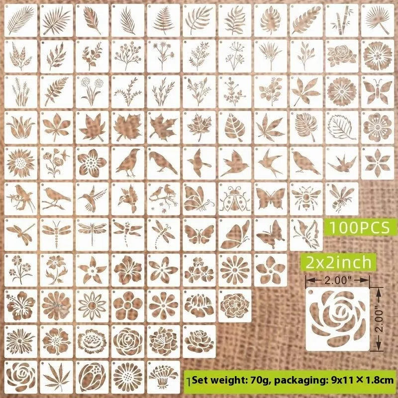 Milky white PET film spray painting stencils showing leaf, flower, bird, ocean, and letter designs, each measuring 2 inches.