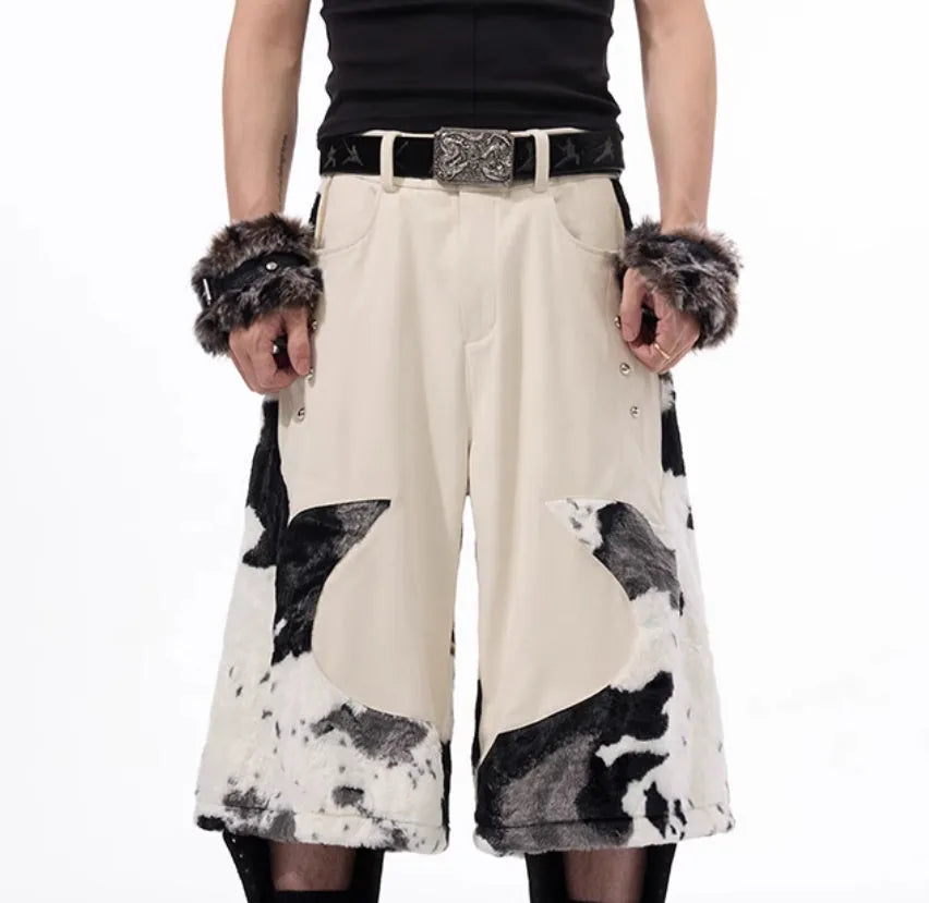 Women's milk fibre cropped trousers with fur detailing in checkered, striped or printed patterns