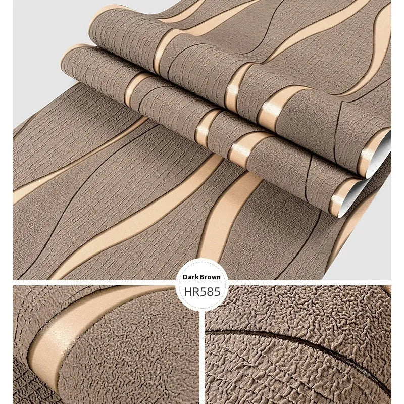 Curve stripe pattern 3D wallpaper roll in light grey and dark brown deerskin velvet colours