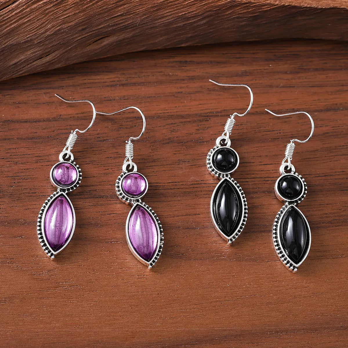 Black and purple vintage geometric drop earrings with round bohemian decorative elements