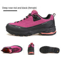 Low-top hiking boots in black with leather mesh upper, rubber outsole, and front lace-up design on a neutral background.