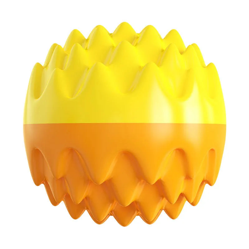 Blue rubber dog ball toy with spiky texture for dental cleaning and squeaky interactive features
