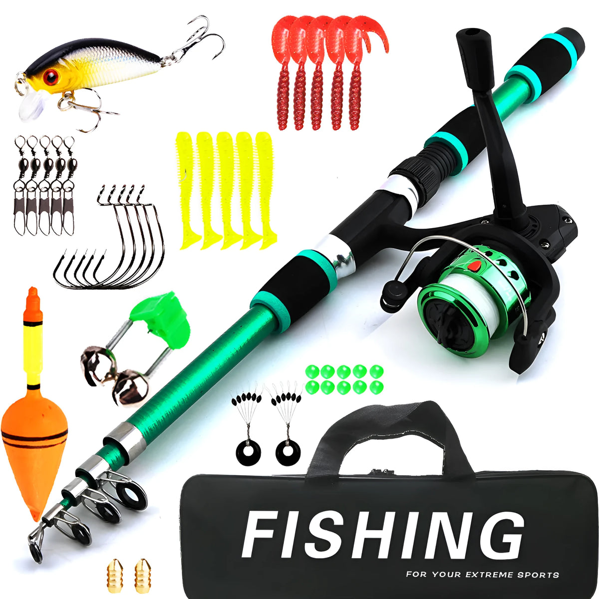 Children's fishing rod with pole and wheel in blue, green, red, or yellow colours
