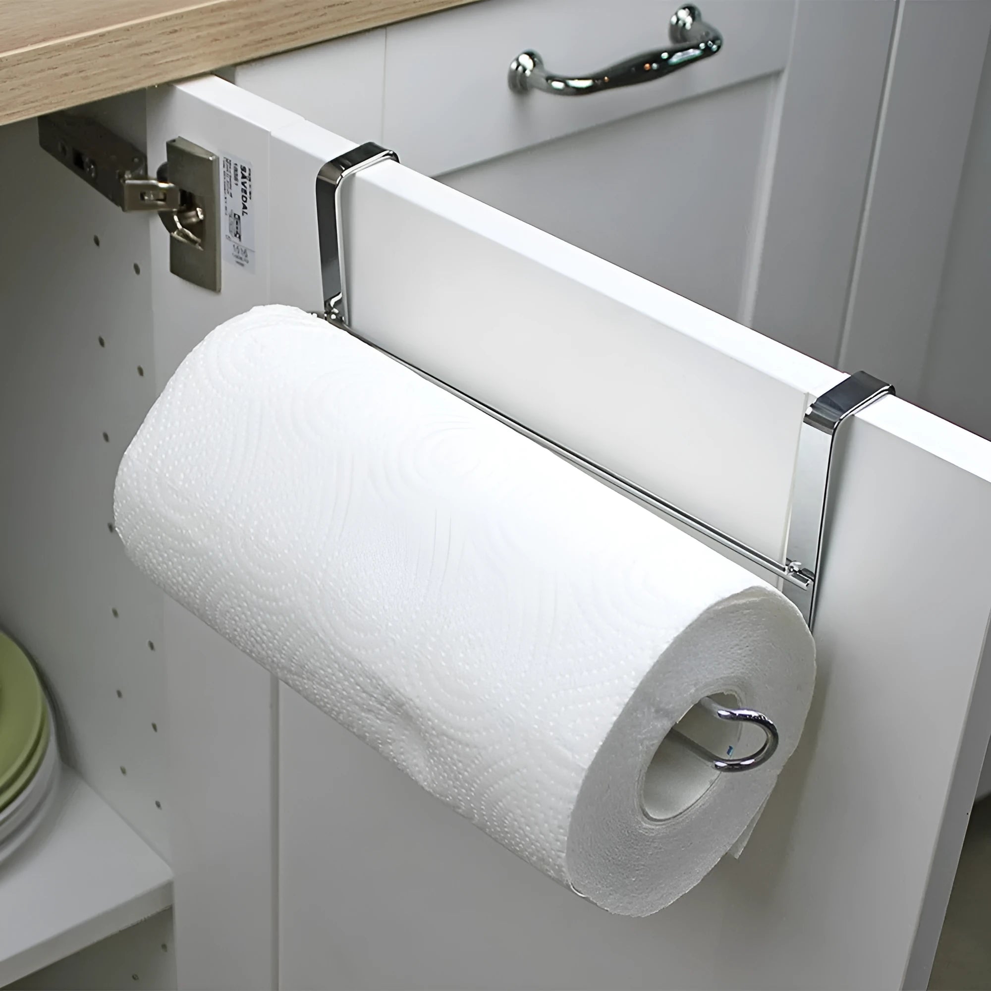 Silver stainless steel cabinet door back hanging paper towel rack showing dimensions
