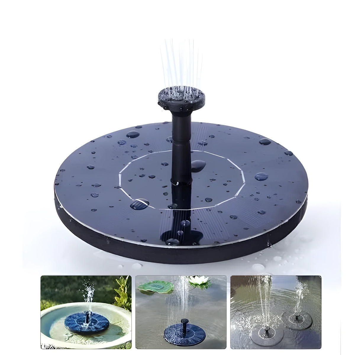 Black solar-powered floating water fountain pump with four spray nozzles on a 16cm square base.