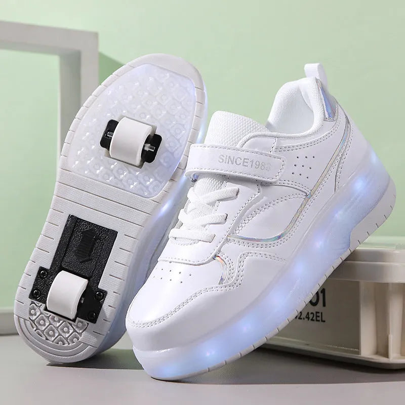 Boys and girls charging LED roller skates in multiple colours with light-up wheels