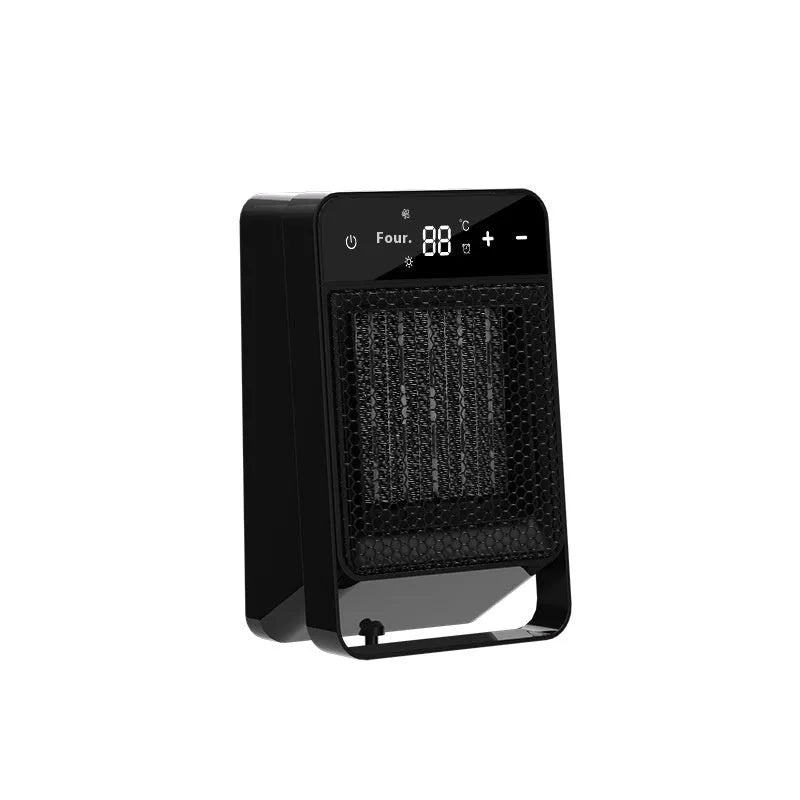 Black desktop warm air blower with digital touch screen display and remote control on wooden desk
