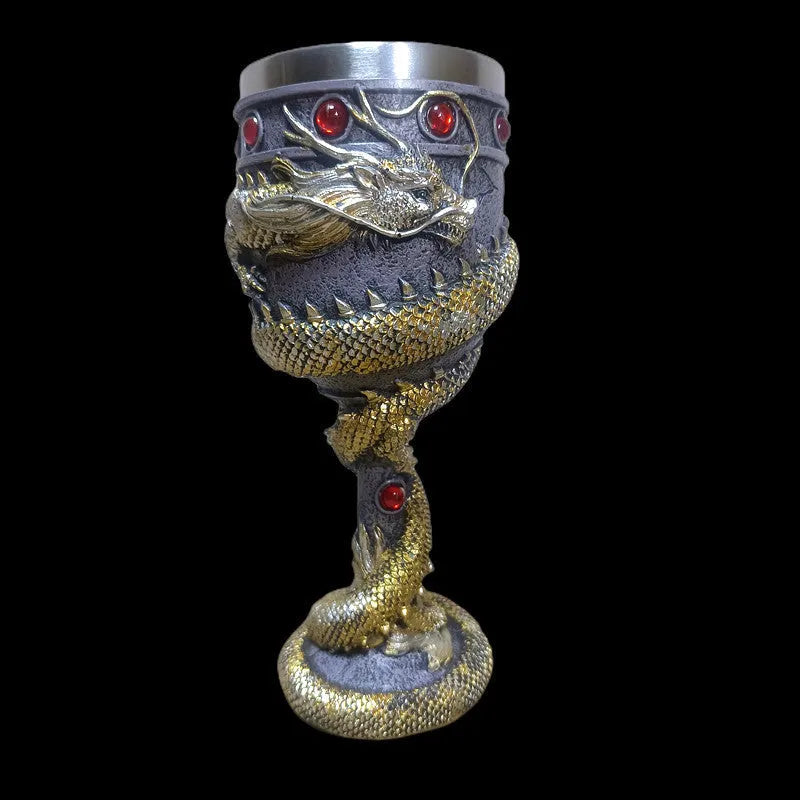 Red wine glass with 3D dragon stainless steel stem, resin base, and 200ml clear glass bowl in gold or red