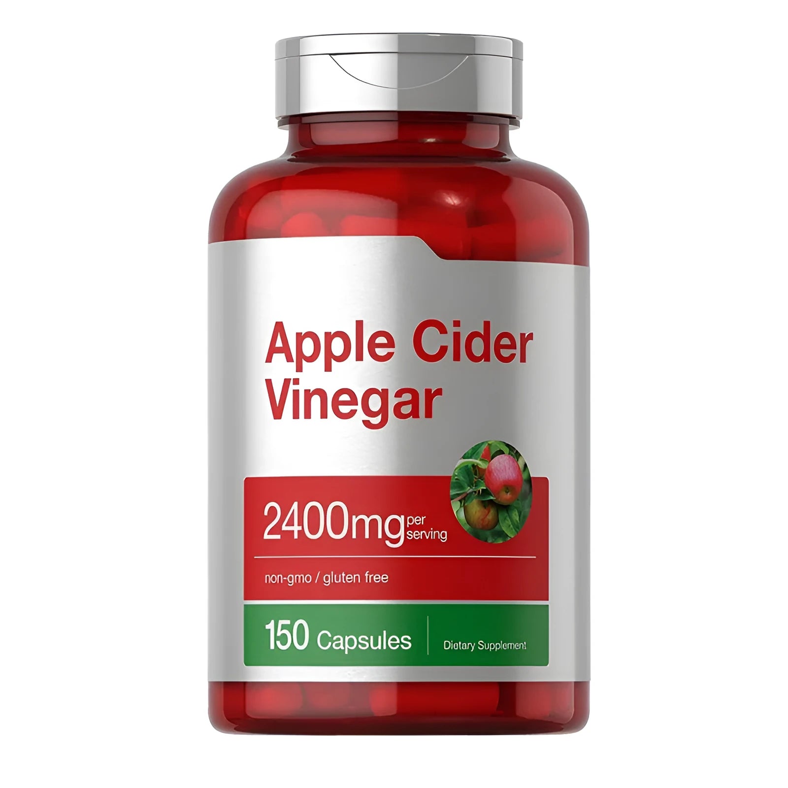 Bottle of Apple Vinegar health supplement capsules containing 150 tablets.
