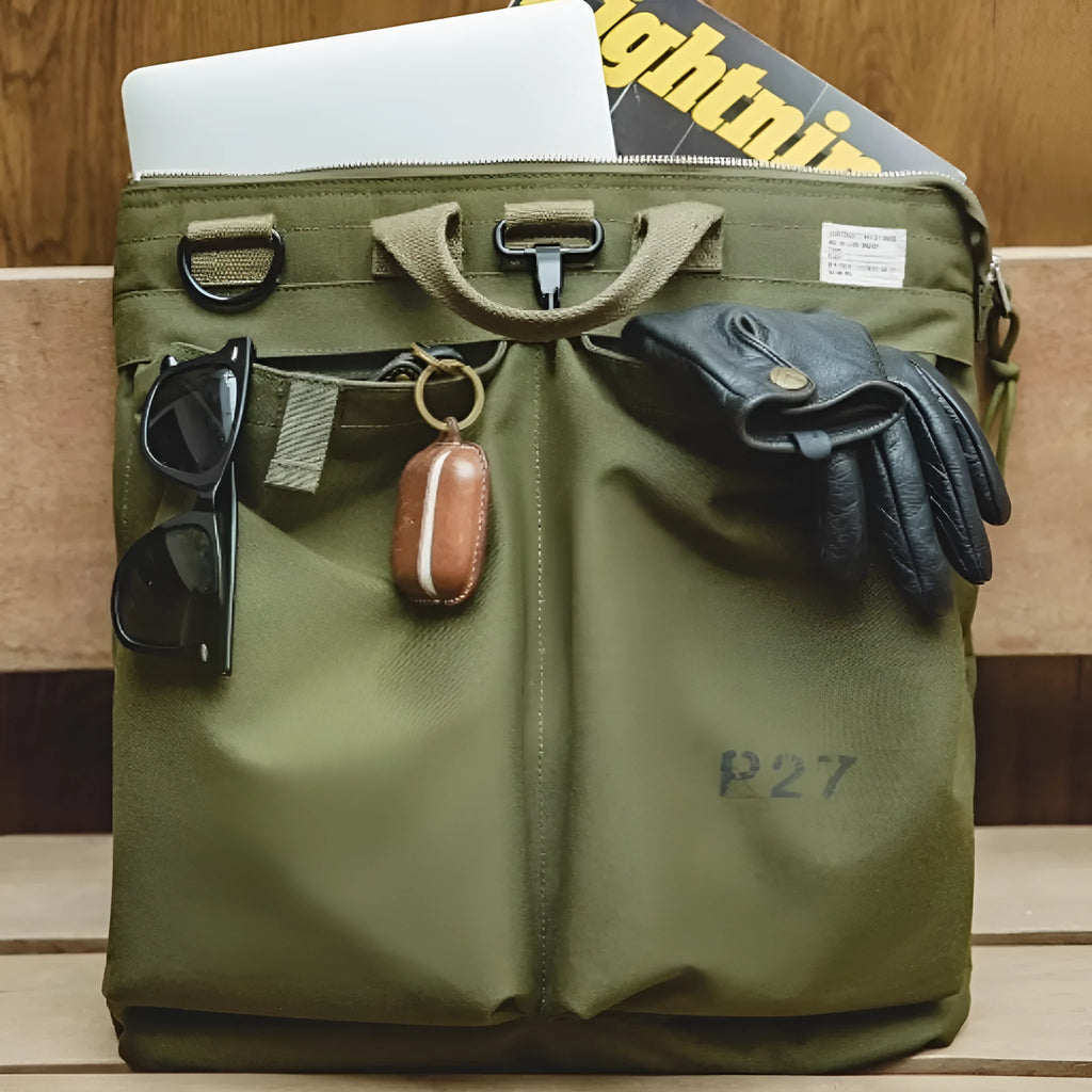 Canvas messenger bag with retro style, shoulder strap, and open showing 15-inch laptop compartment