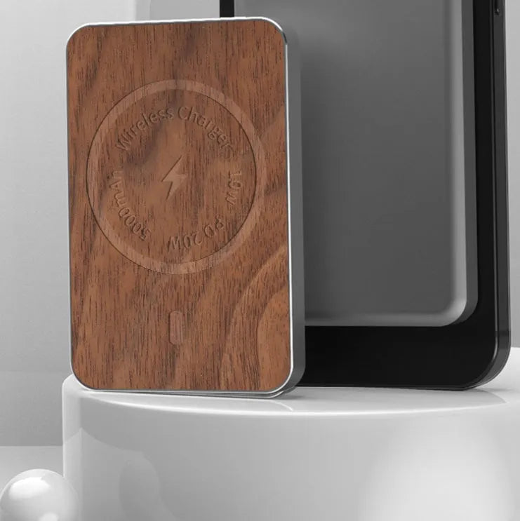 Khaki-coloured magnetic wireless charging bank with 5000mAh capacity and USB port