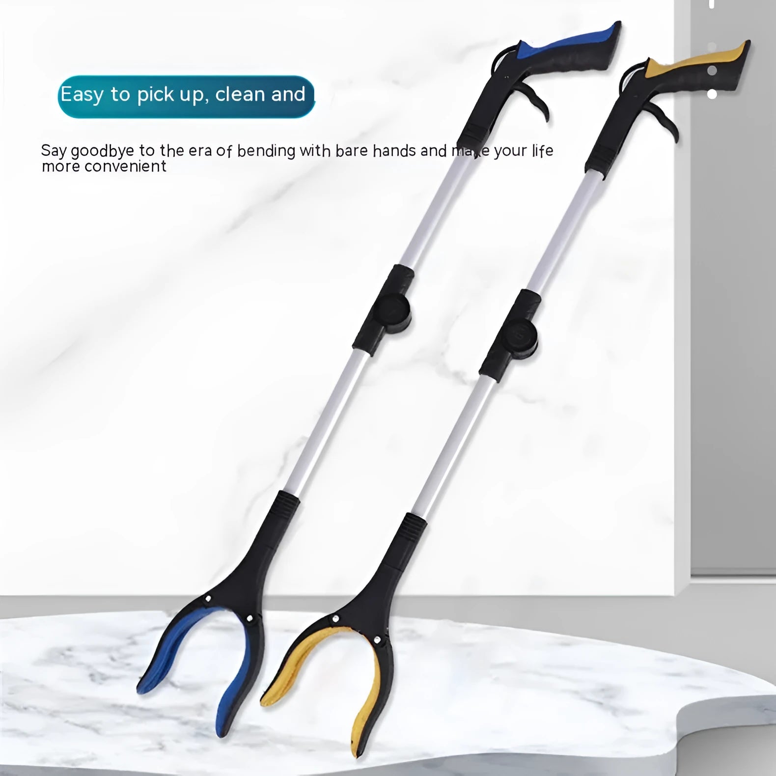 Foldable aluminium garbage pick-up clamp shown extended and collapsed, with magnetic sucker and coloured handle options.