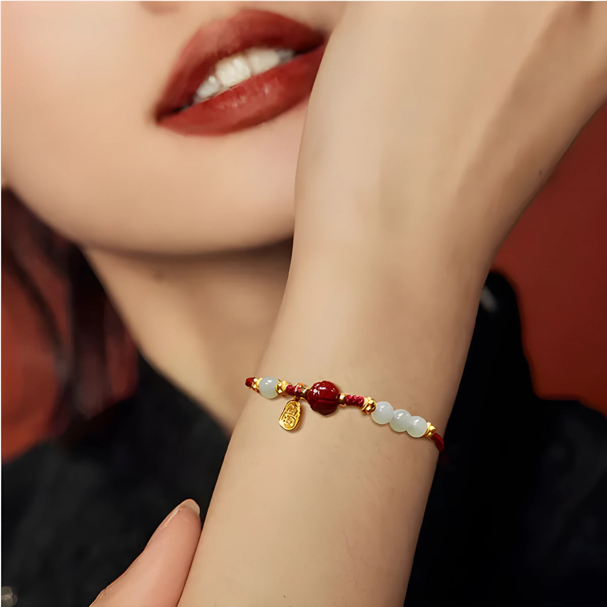 Hetian Jade Cinnabar Red Rope women's bracelet with 925 silver chain and adjustable clasp