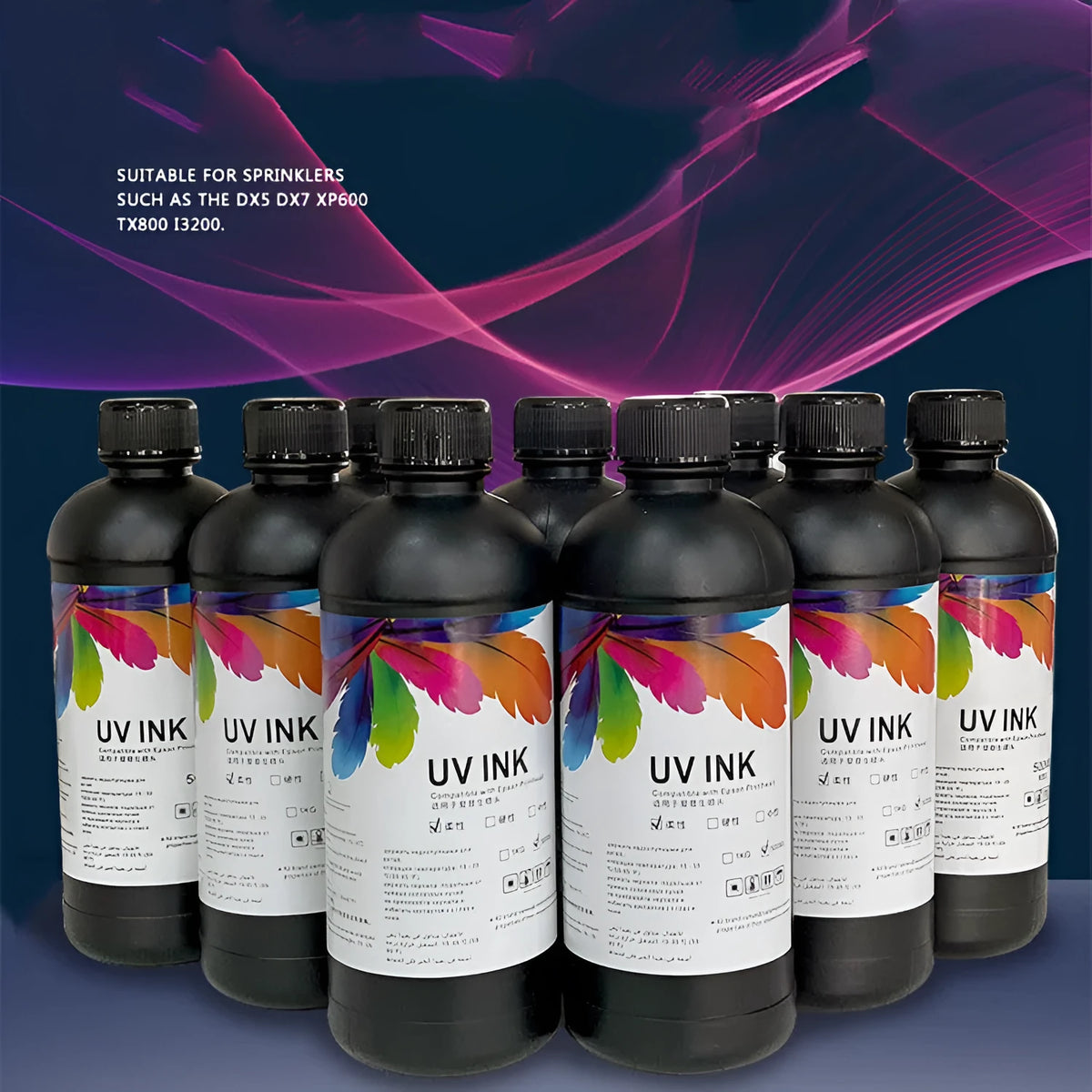 500ml bottle of Epson-compatible UV ink for flatbed printers in selected colour and viscosity.