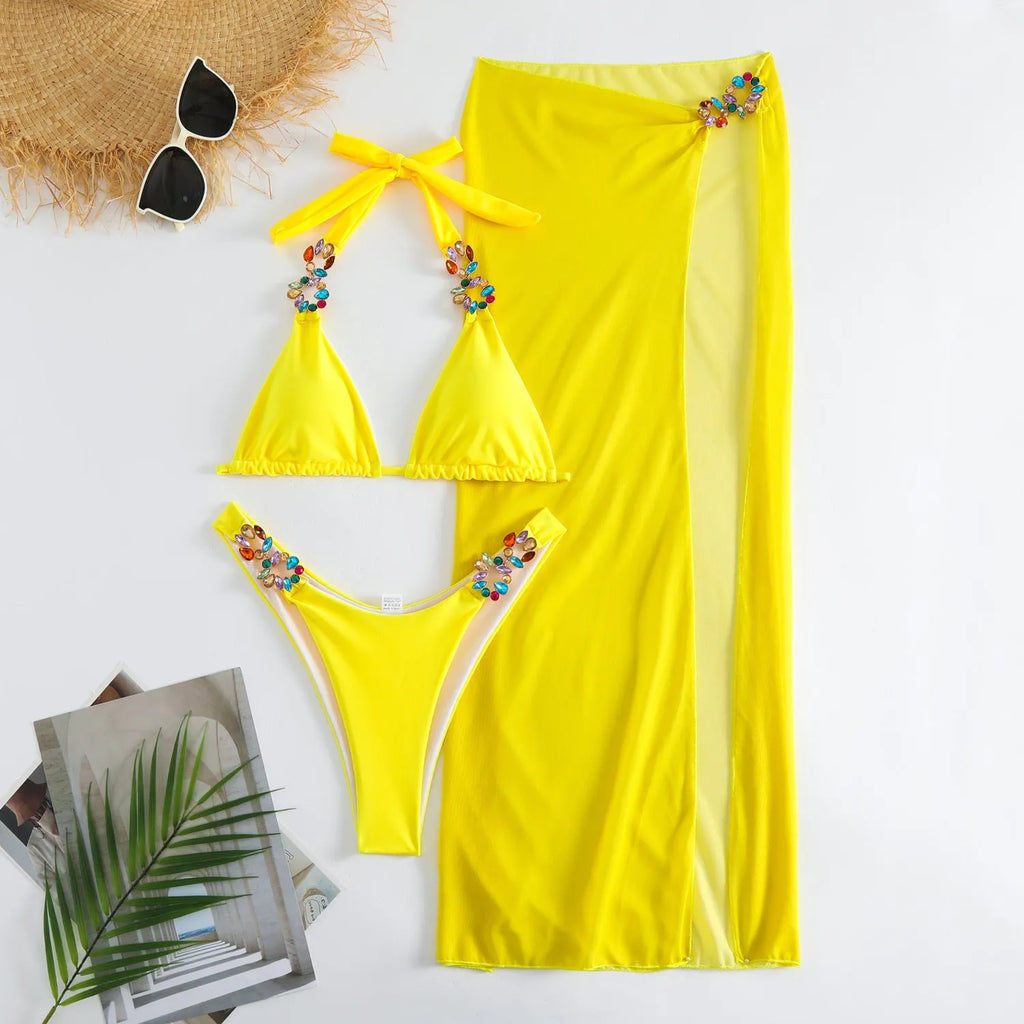 Light Diamond women's Rose Red three-piece swimsuit set with bikini top, pants, and long mesh skirt.
